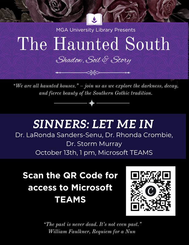 Flyer for the "Sinners: Let Me In" horror film discussion event. Event details in description.